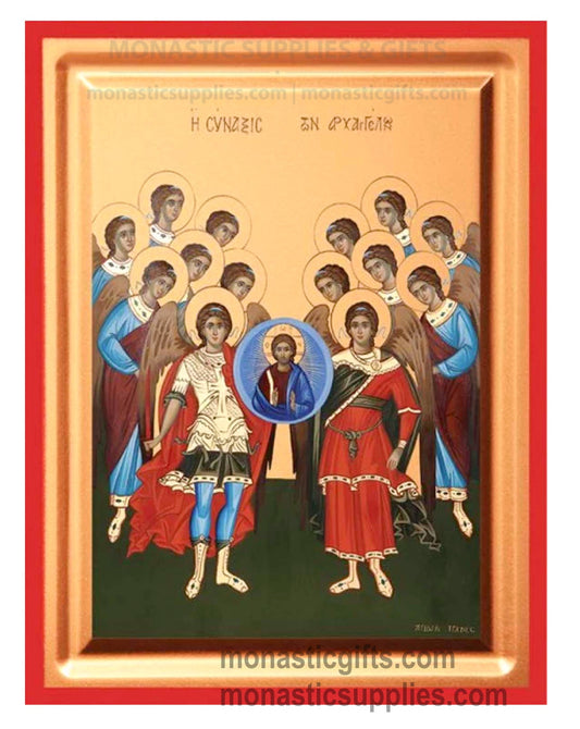 Front view of the Synaxis of the Archangels holy assembly silk screen Byzantine icon on gessoed canvas with red borders