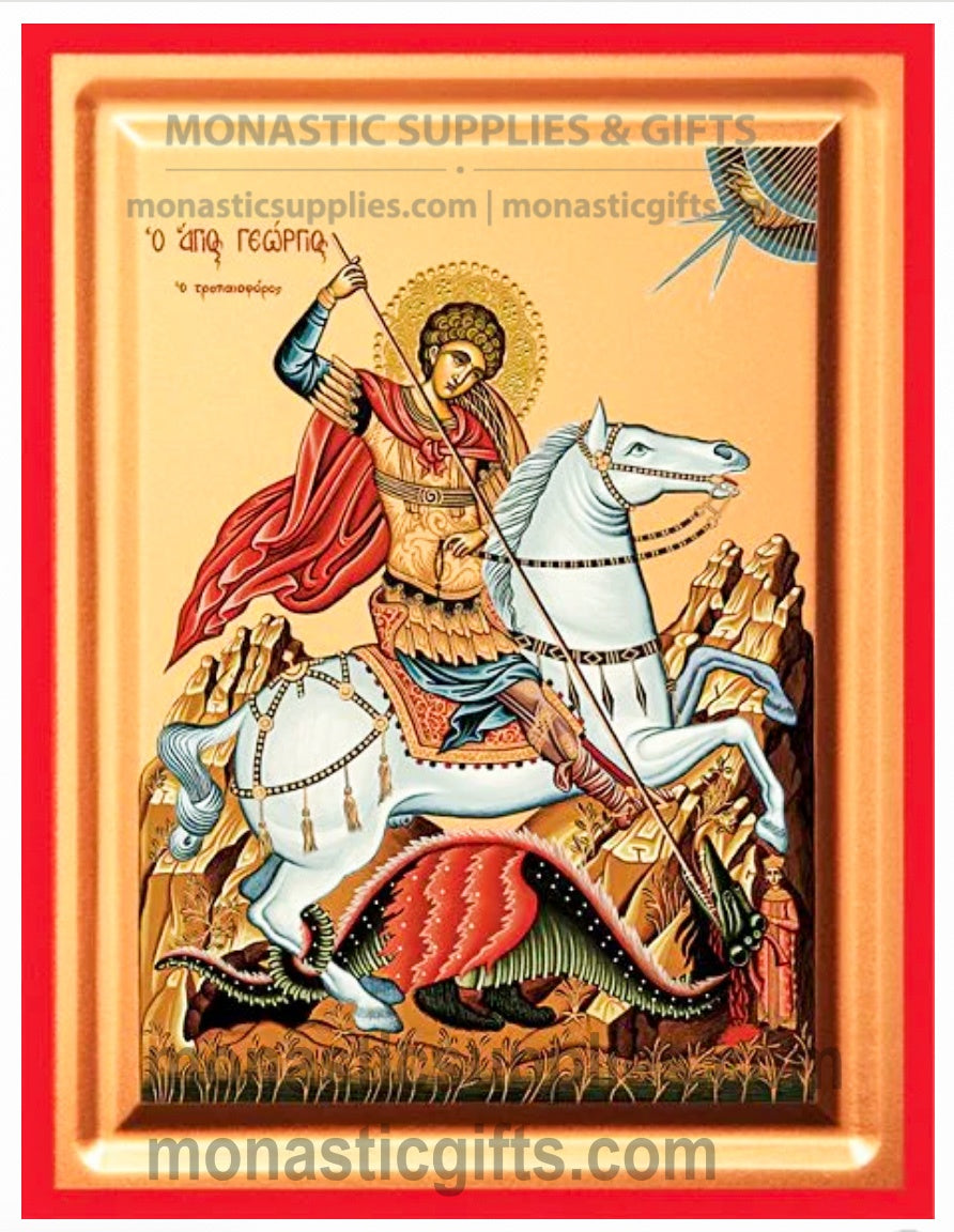Byzantine Orthodox icon of St. George on a white horse slaying the dragon on gold leaf canvas.