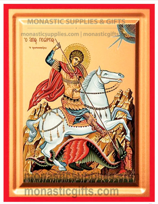 Byzantine Orthodox icon of St. George on a white horse slaying the dragon on gold leaf canvas.