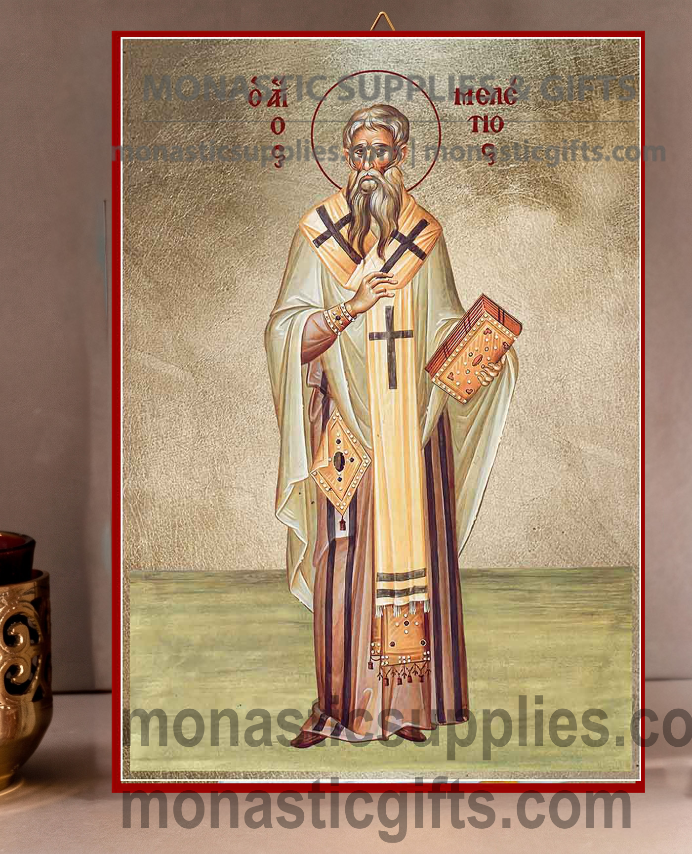 Handcrafted Orthodox gold leaf canvas icon of Saint Meletius patron of peace and reconciliation on solid wooden panel