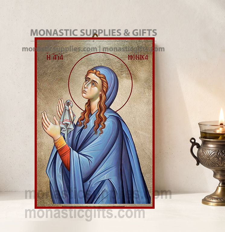 Handcrafted Orthodox gold leaf canvas icon of Saint Monica on solid wooden panel