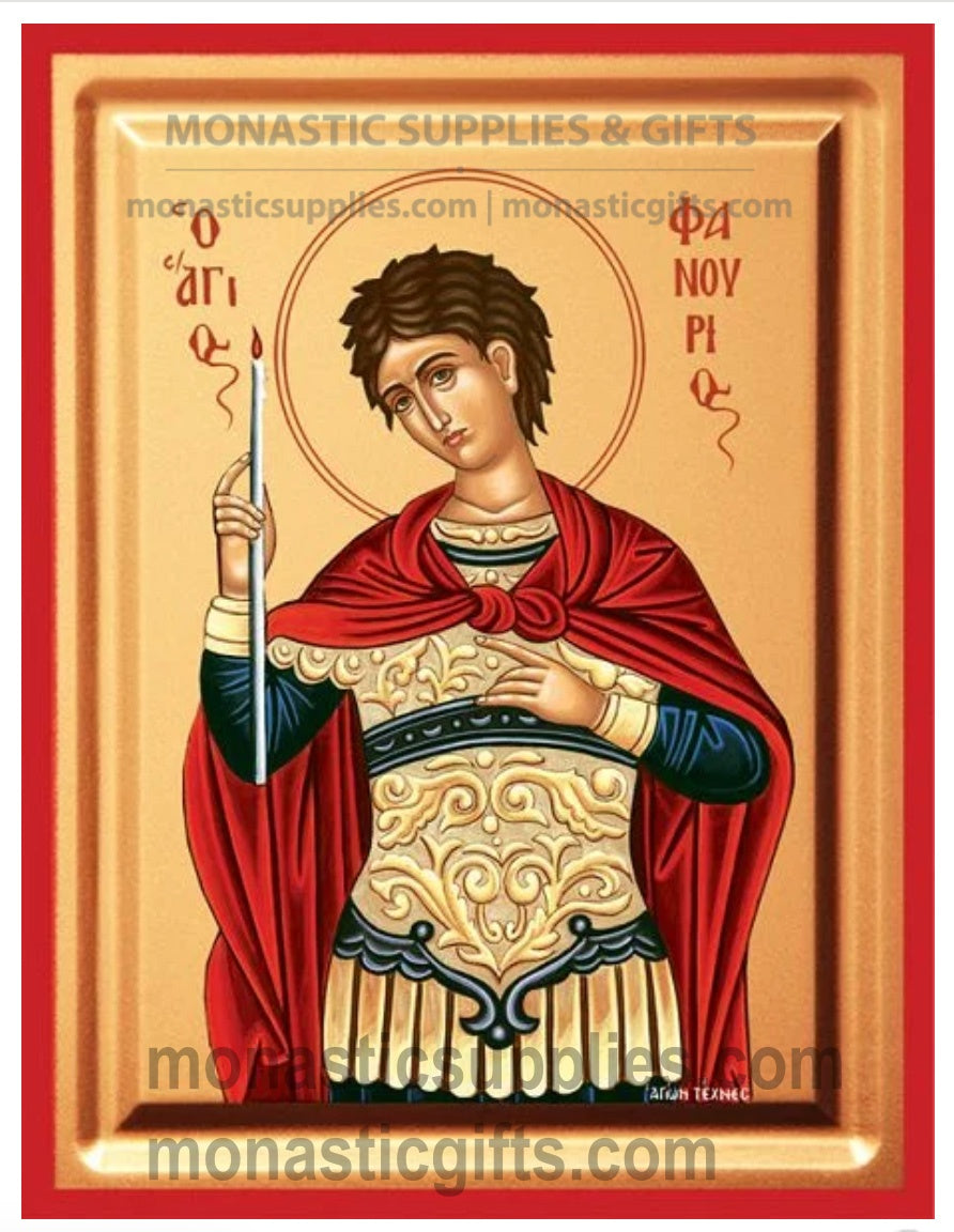 Byzantine Orthodox icon of St. Phanourios holding a lit candle on gold leaf canvas with a red border.