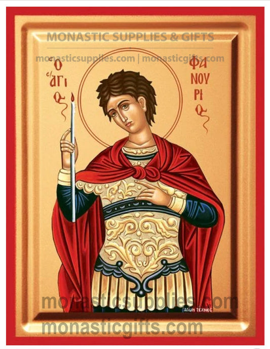 Byzantine Orthodox icon of St. Phanourios holding a lit candle on gold leaf canvas with a red border.