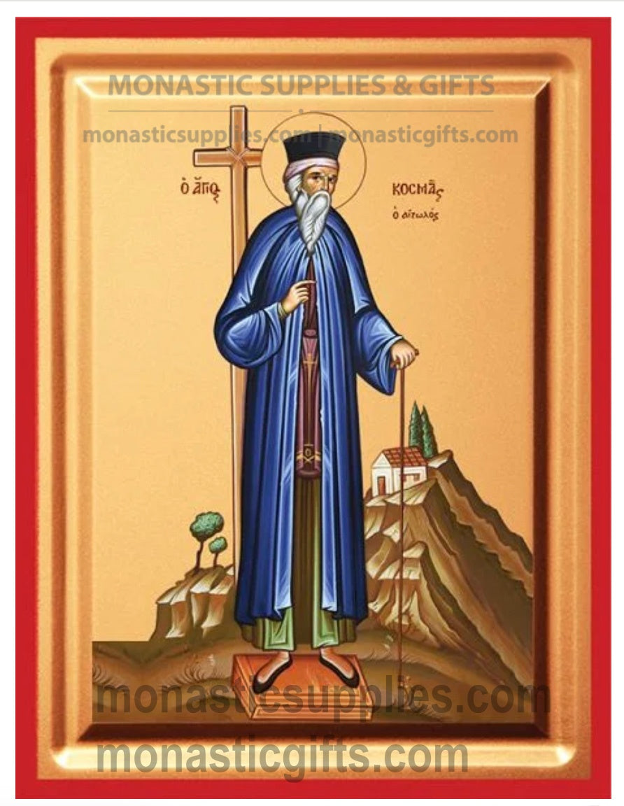 Byzantine Orthodox icon of St. Cosmas the Aetolian on gold leaf canvas with a red border.