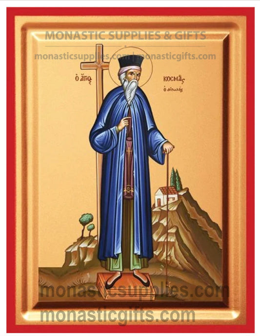Byzantine Orthodox icon of St. Cosmas the Aetolian on gold leaf canvas with a red border.