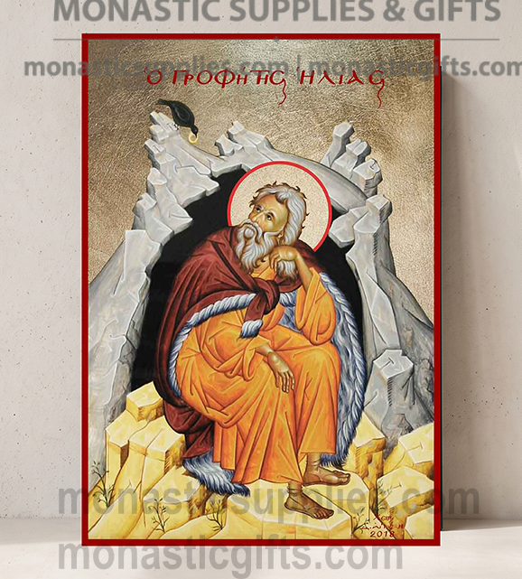Handcrafted Orthodox gold leaf canvas icon of the Holy Prophet Elijah Elias the Tishbite on solid wooden panel