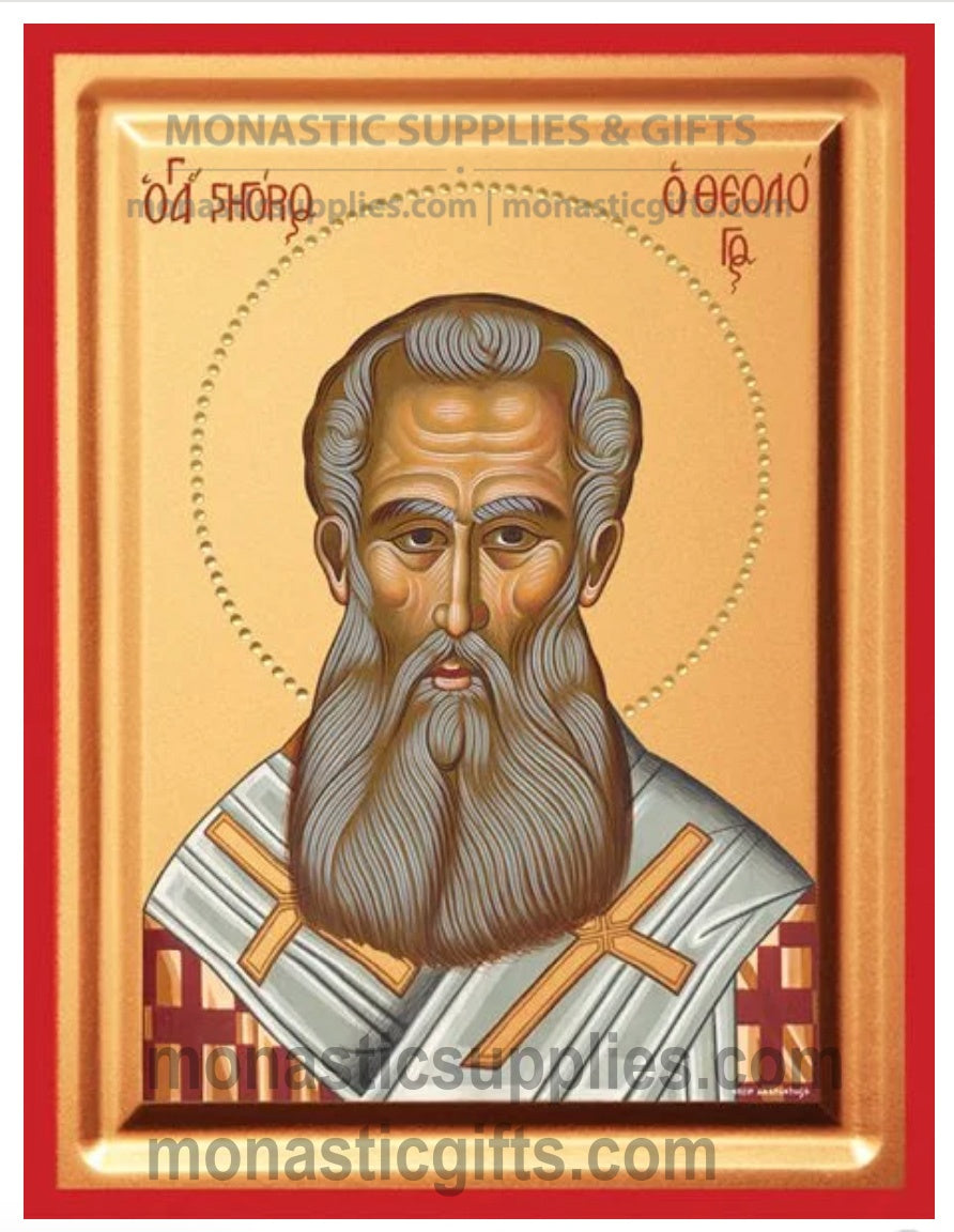 Byzantine Orthodox icon portrait of St. Gregory the Theologian on gold leaf canvas with a red border.