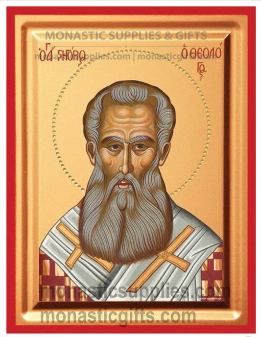 Byzantine Orthodox icon portrait of St. Gregory the Theologian on gold leaf canvas with a red border.