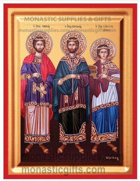 Premium gold leaf canvas icon of Saints Cosmas, Damian, and Panteleimon with a vibrant red frame.