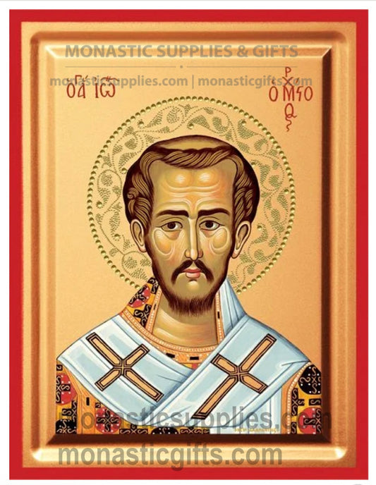 Premium gold leaf canvas icon portrait of St. John Chrysostom with a vibrant red frame.