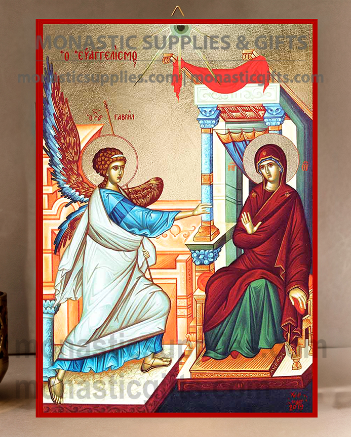 Handcrafted Orthodox gold leaf canvas icon of The Annunciation of the Theotokos Evangelismos with Archangel Gabriel on solid wooden panel