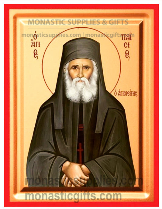 Premium gold leaf canvas icon of St. Paisios the Athonite with a vibrant red frame.