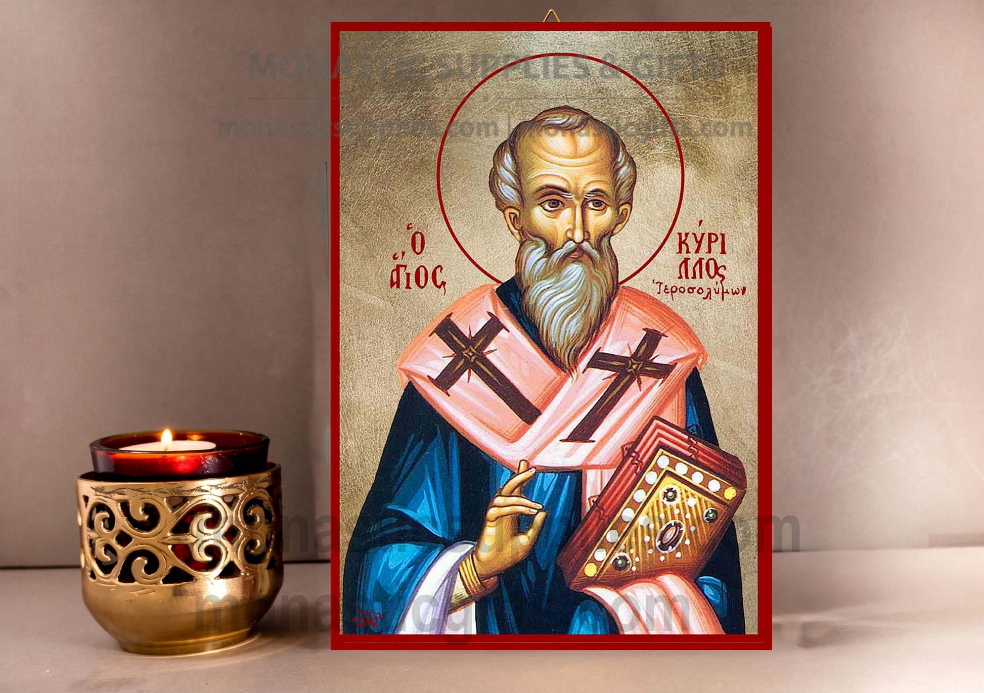 Handcrafted Orthodox gold leaf canvas icon of Saint Cyril on solid wooden panel