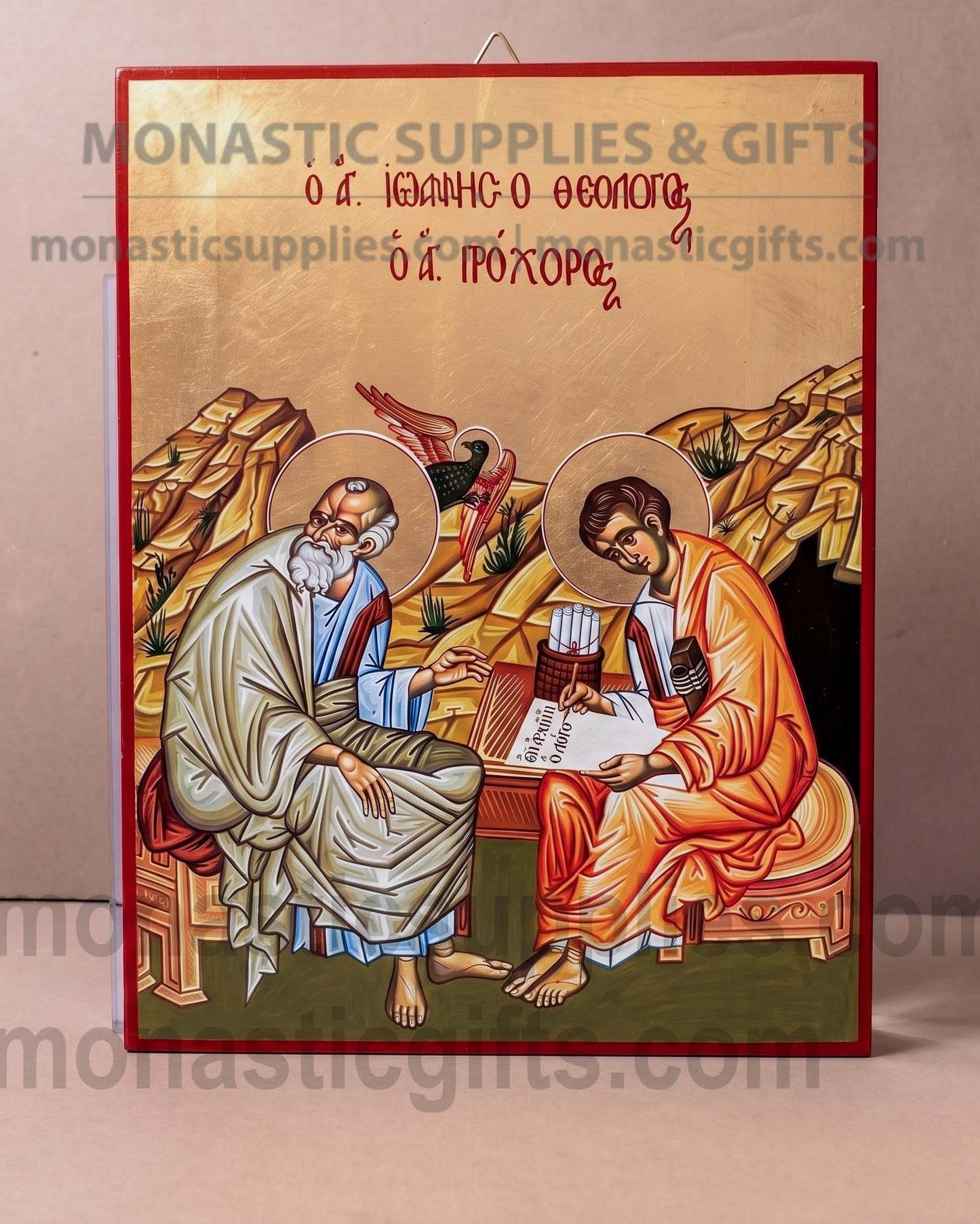 Handcrafted Orthodox gold leaf canvas icon of Saint John the Theologian and Saint Prochorus patron of writers on solid wooden panel