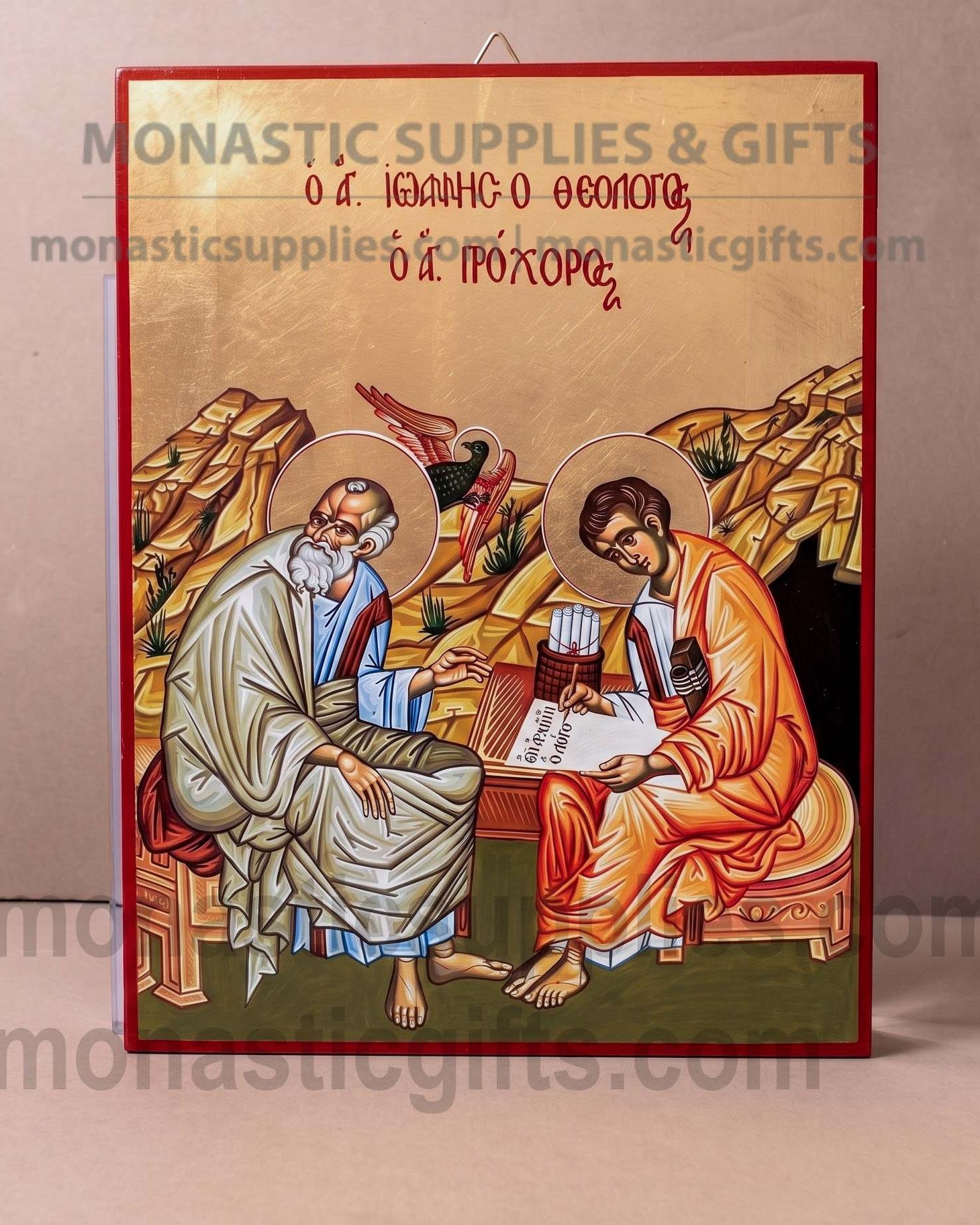 Handcrafted Orthodox gold leaf canvas icon of Saint John the Theologian and Saint Prochorus patron of writers on solid wooden panel