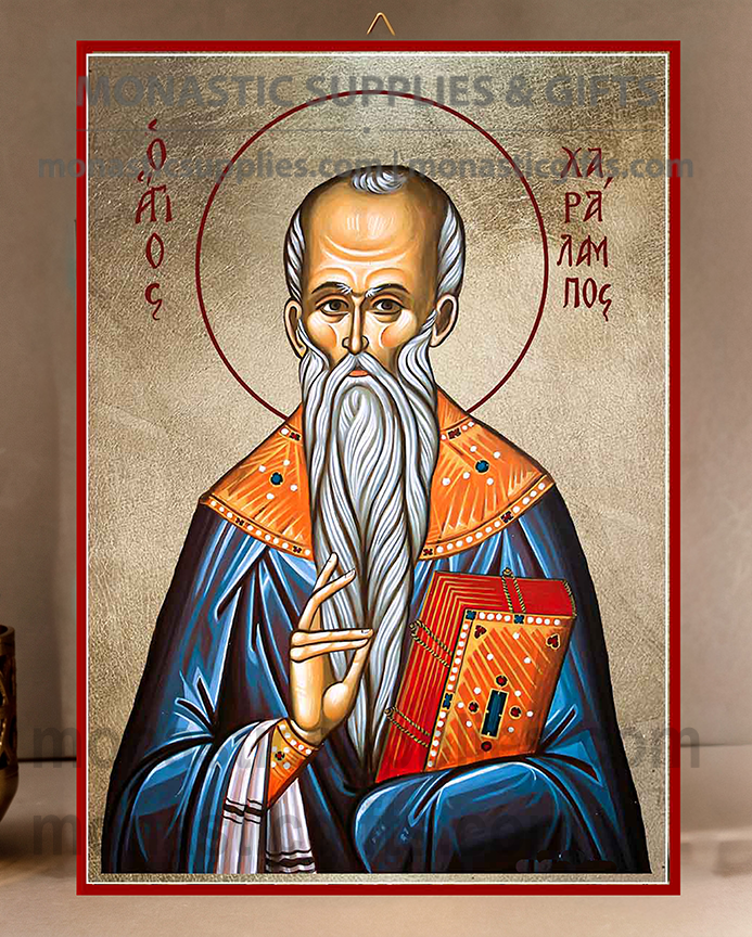 Handcrafted Orthodox gold leaf canvas icon of Saint Haralambos the Hieromartyr patron of protection against diseases on solid wooden panel