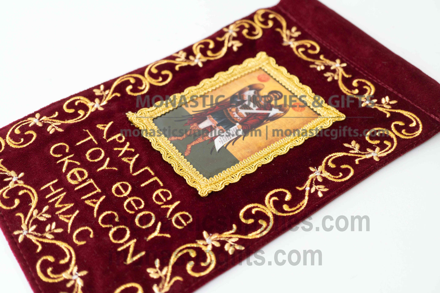 Handcrafted burgundy velvet wall hanging banner of Archangel Michael with gold embroidery for home iconostasis