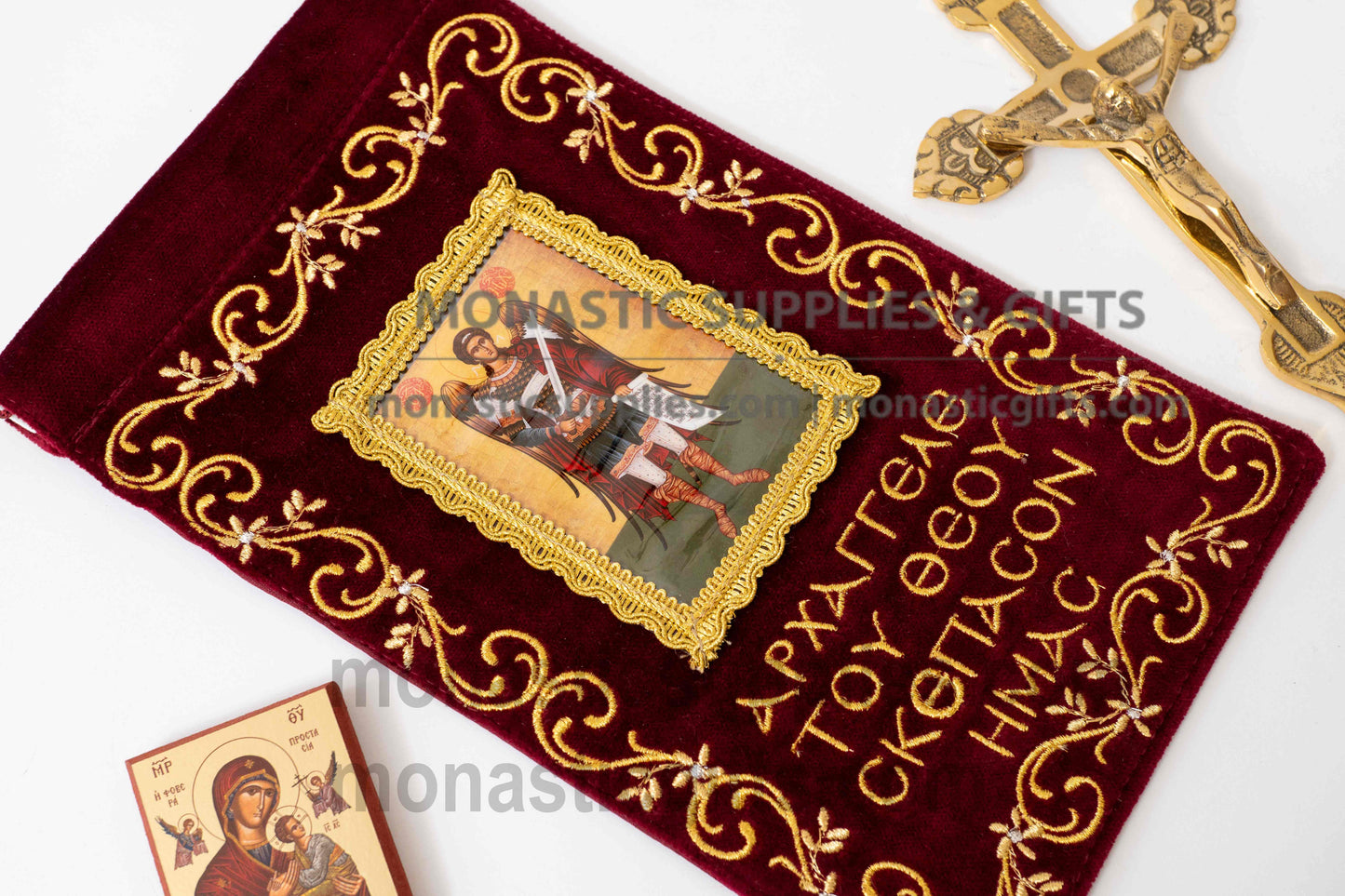 Handcrafted burgundy velvet wall hanging banner of Archangel Michael with gold embroidery for home iconostasis