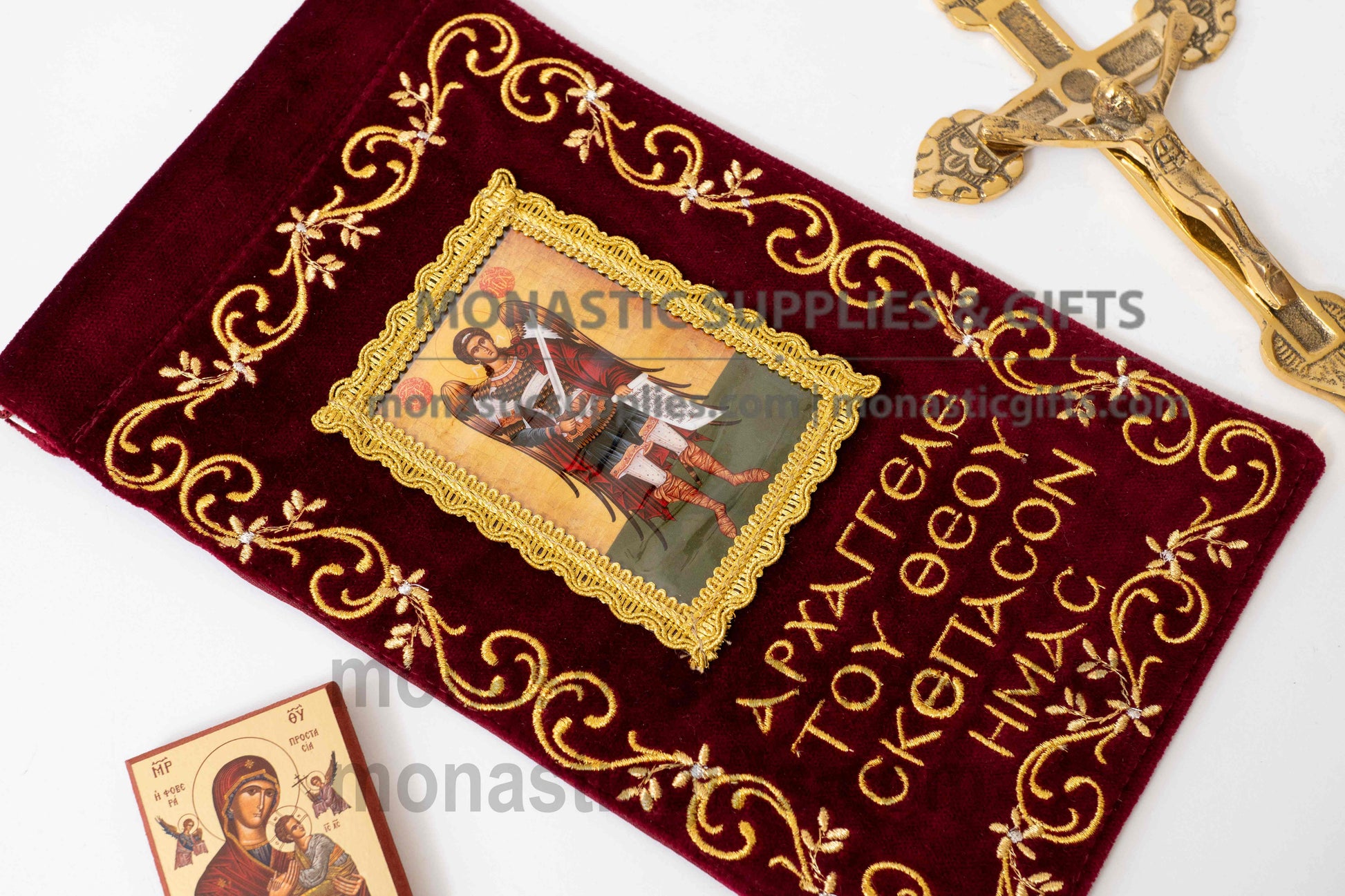 Handcrafted burgundy velvet wall hanging banner of Archangel Michael with gold embroidery for home iconostasis