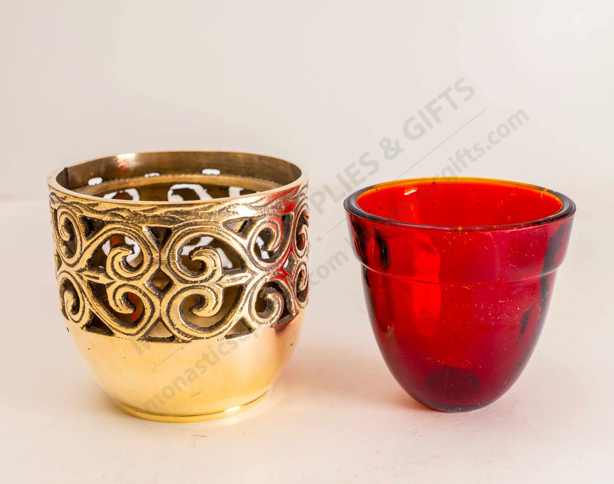 Solid brass vigil lamp standing oil burner with ornate cut out pattern and heat resistant red glass cup