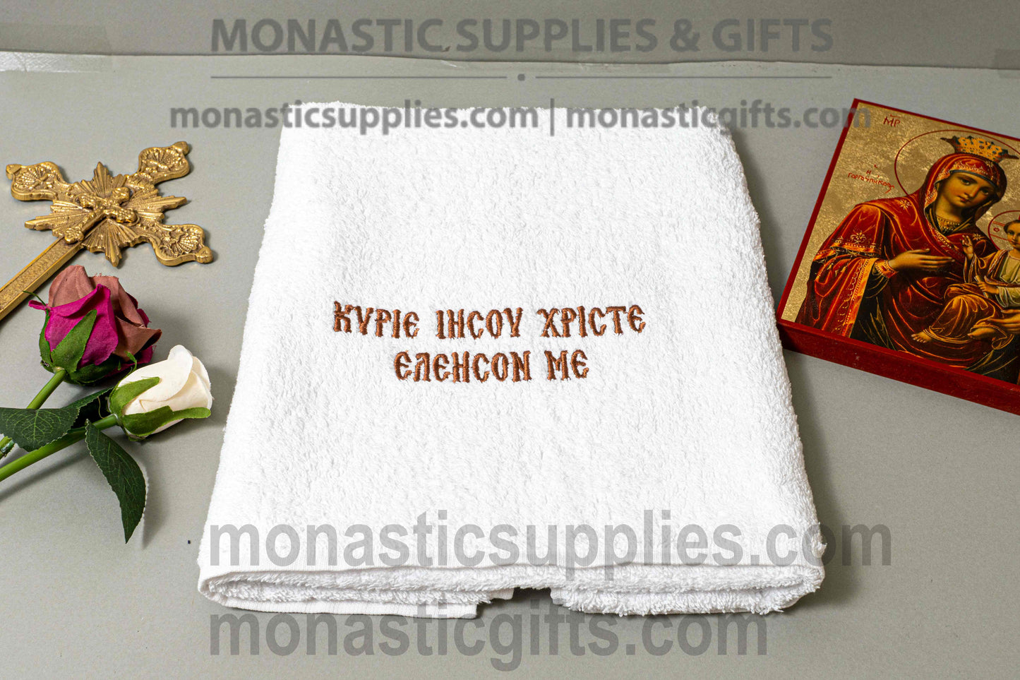 Handcrafted embroidered absorbent cotton towel with the Jesus Prayer in red thread for home iconostasis and daily use