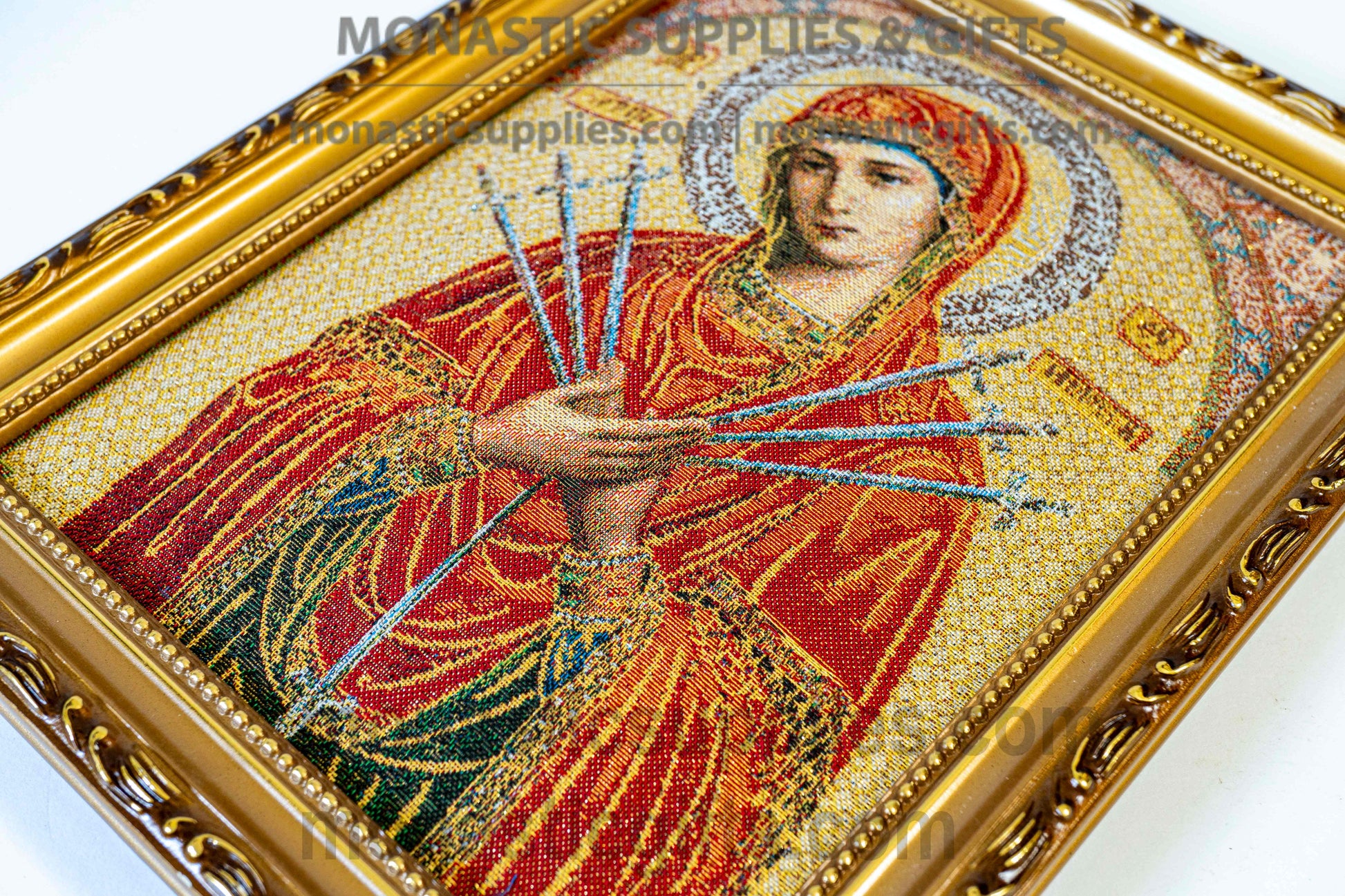 Handmade embroidered framed Byzantine icon of the Virgin Mary of the Seven Sorrows Eftaspathi made in Greece for home iconostasis