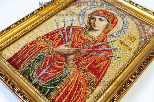 Handmade embroidered framed Byzantine icon of the Virgin Mary of the Seven Sorrows Eftaspathi made in Greece for home iconostasis