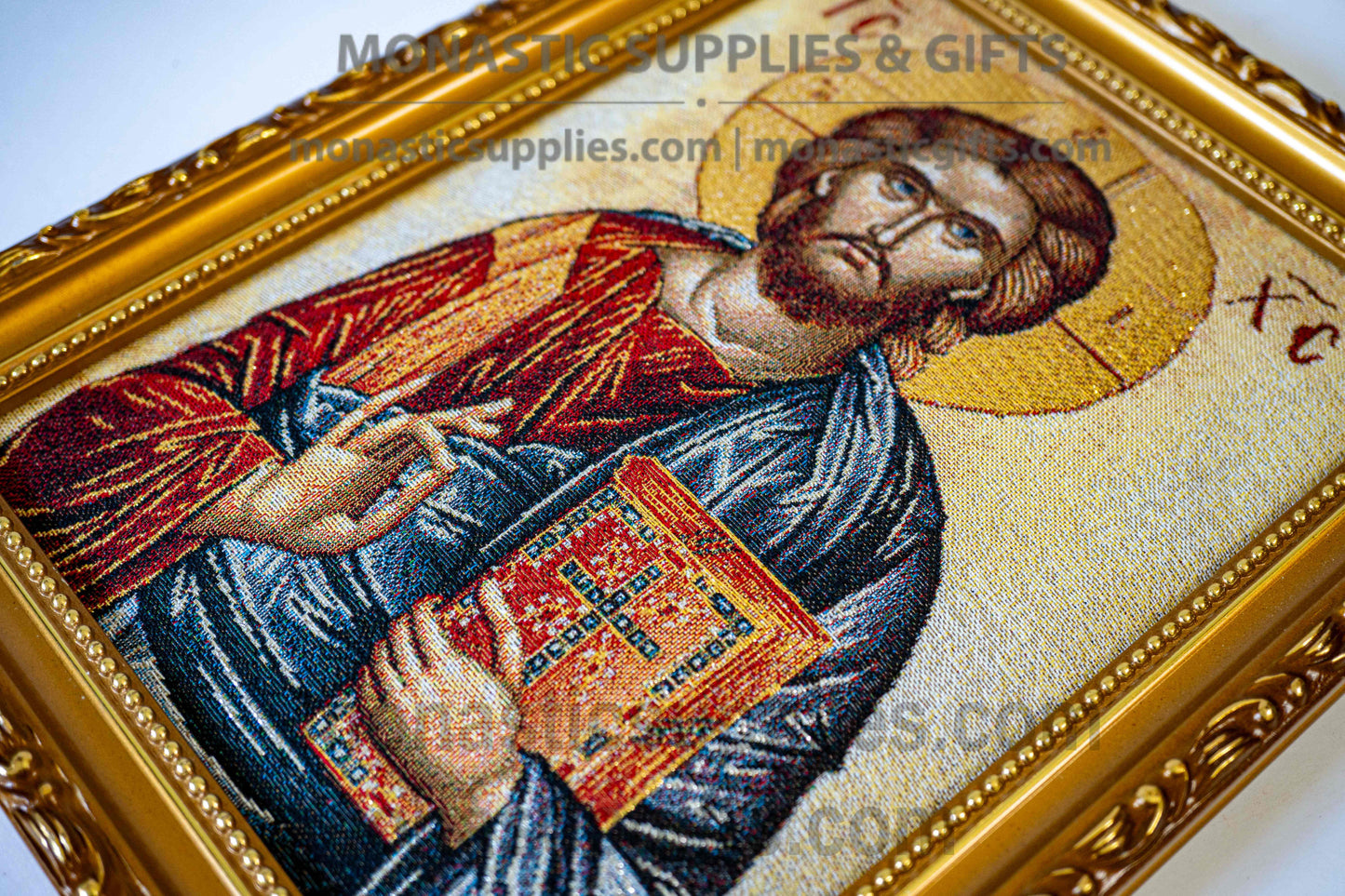 Handmade embroidered framed Byzantine icon of Jesus Christ Pantocrator made in Greece for home iconostasis