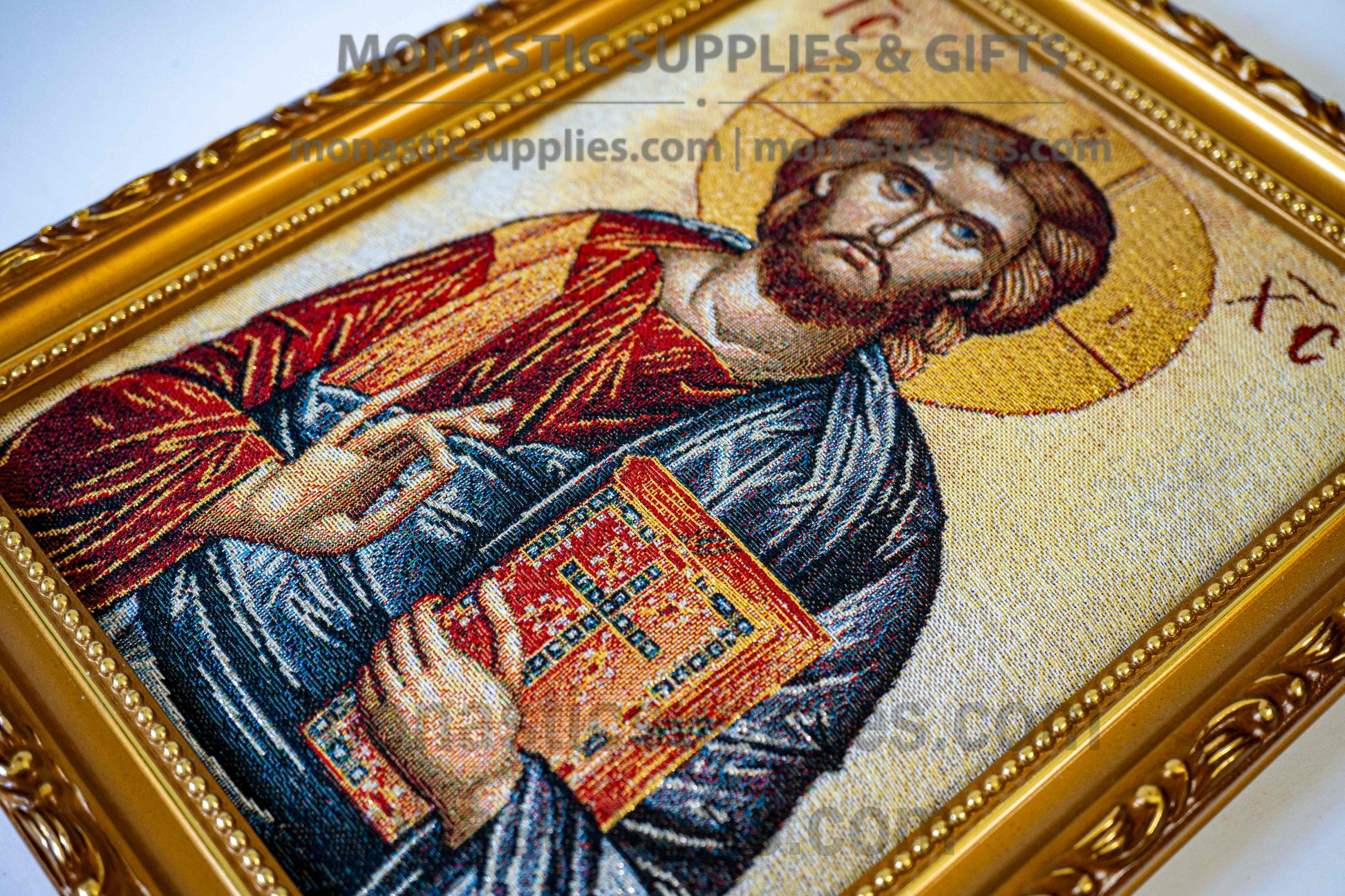 Handmade embroidered framed Byzantine icon of Jesus Christ Pantocrator made in Greece for home iconostasis