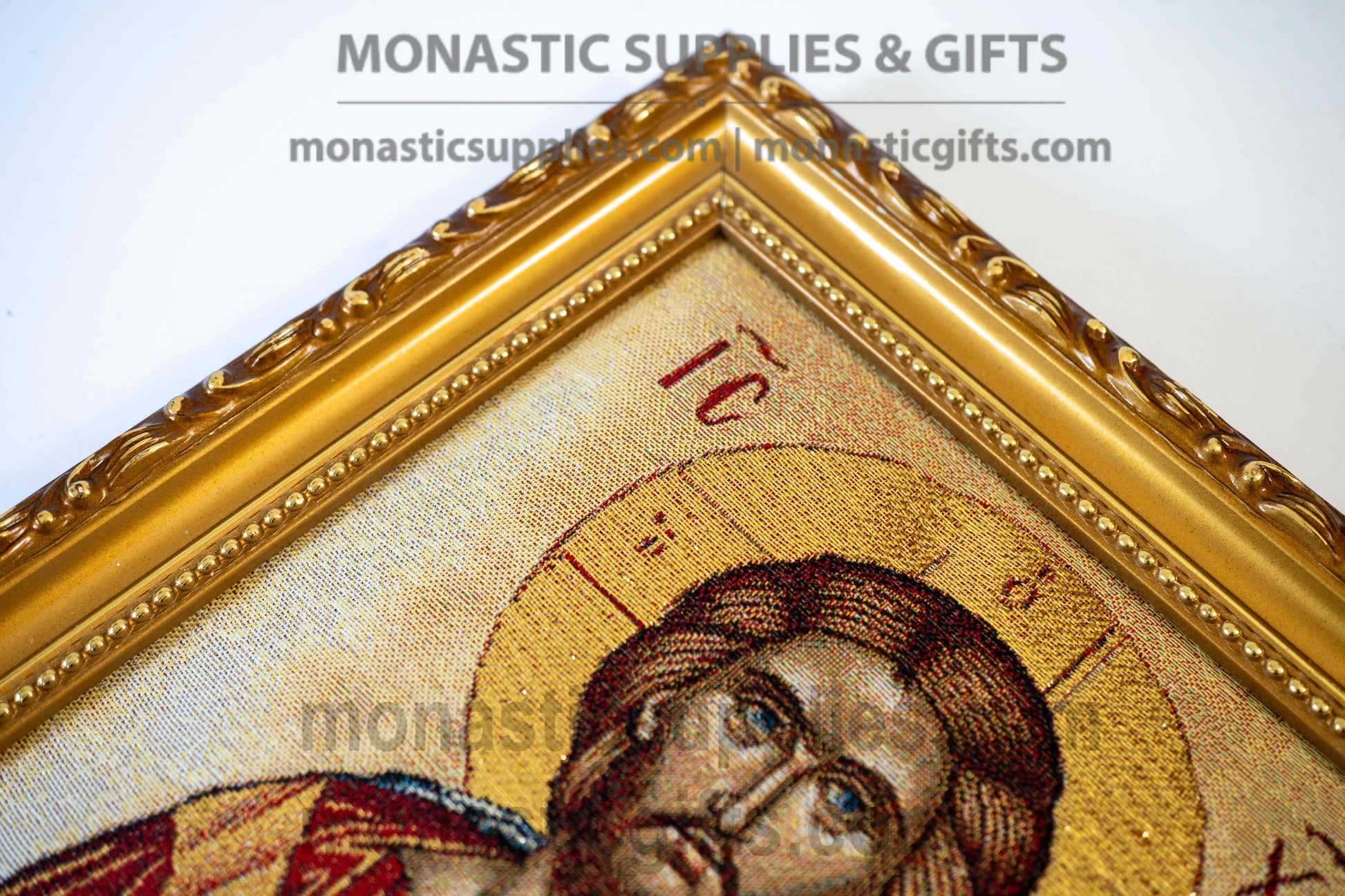 Handmade embroidered framed Byzantine icon of Jesus Christ Pantocrator made in Greece for home iconostasis