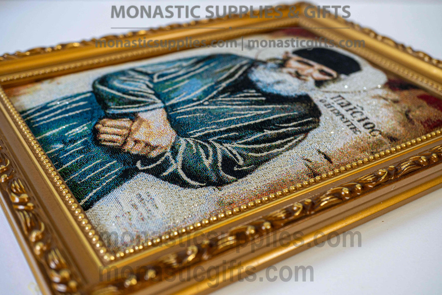 Handmade embroidered framed Byzantine icon of Saint Paisios the Athonite made in Greece for home iconostasis