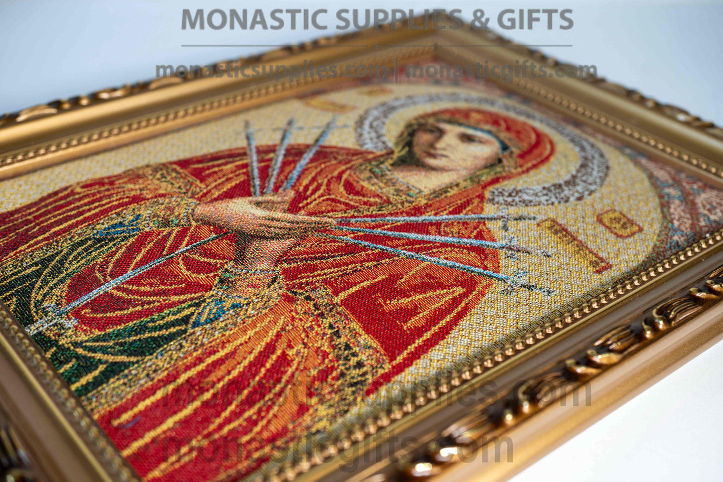 Handmade embroidered framed Byzantine icon of the Virgin Mary of the Seven Sorrows Eftaspathi made in Greece for home iconostasis
