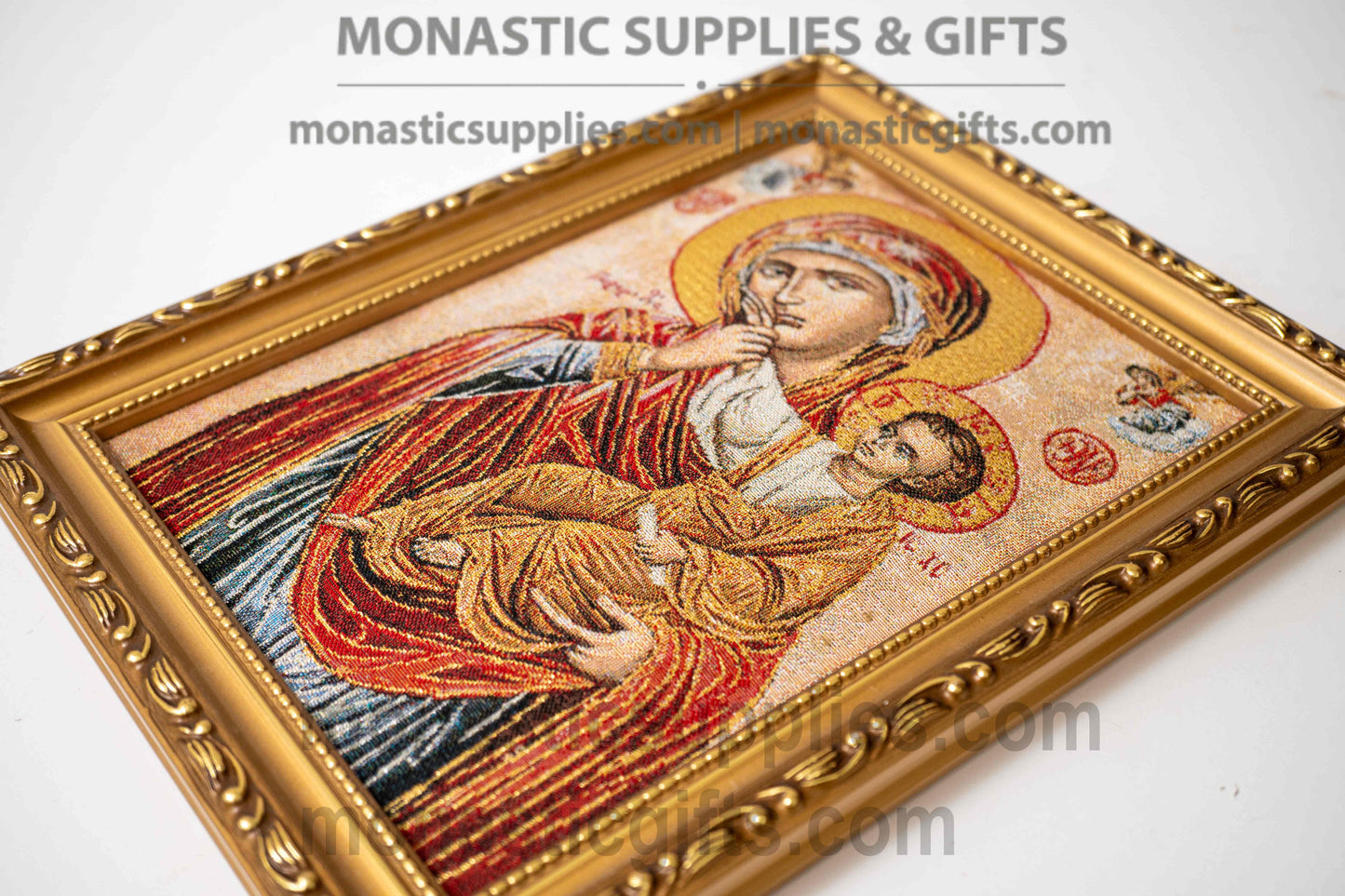 Handmade embroidered framed Byzantine icon of the Virgin Mary Paramythia Mother of Consolation made in Greece for home iconostasis