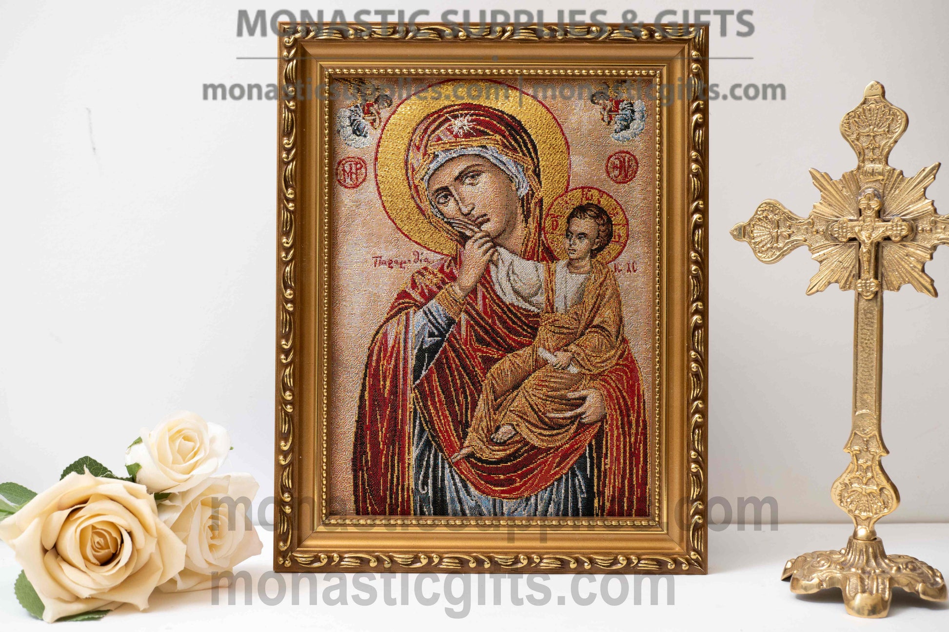 Handmade embroidered framed Byzantine icon of the Virgin Mary Paramythia Mother of Consolation made in Greece for home iconostasis