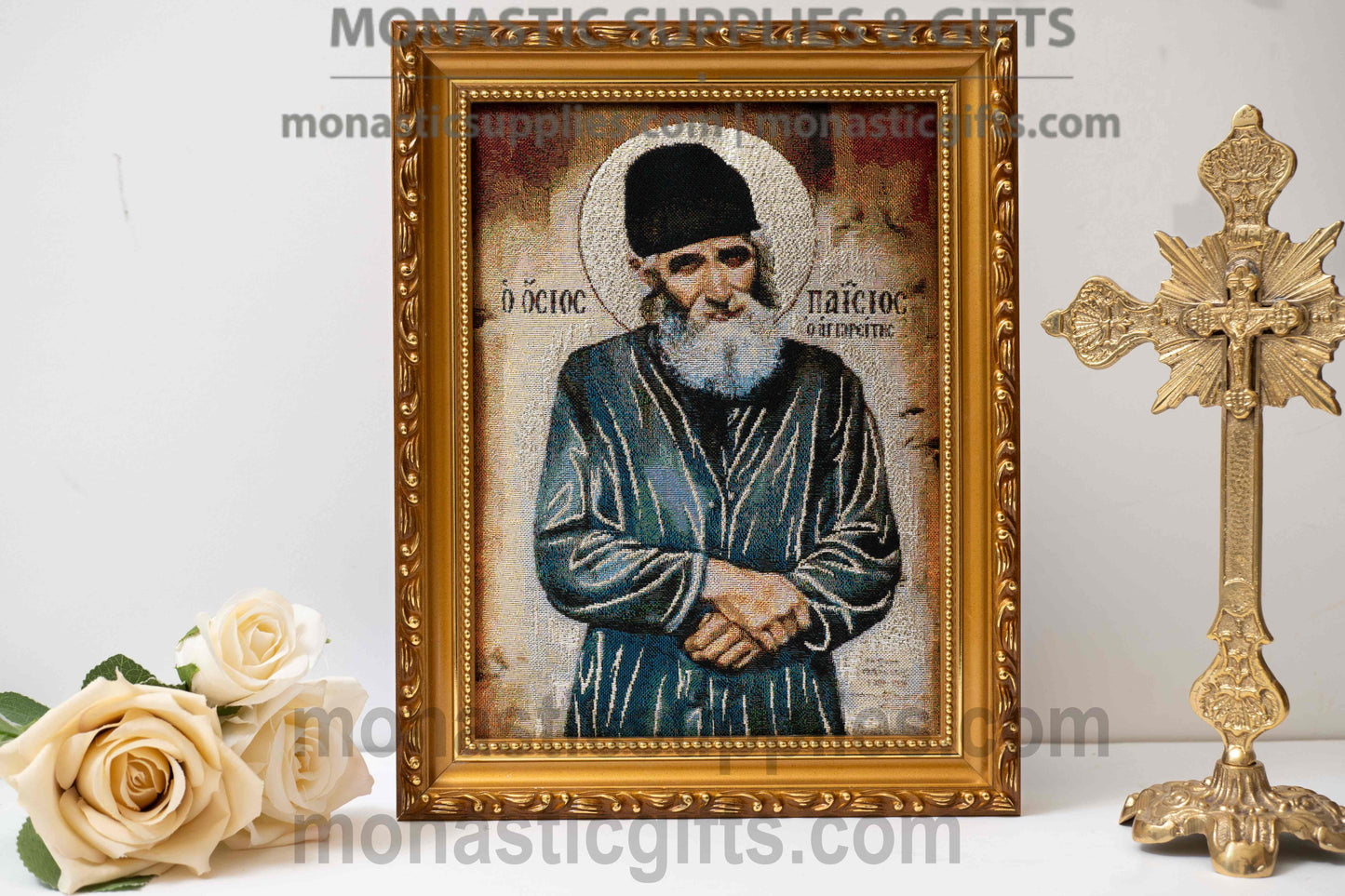Handmade embroidered framed Byzantine icon of Saint Paisios the Athonite made in Greece for home iconostasis