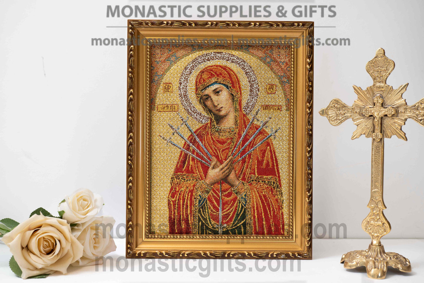 Handmade embroidered framed Byzantine icon of the Virgin Mary of the Seven Sorrows Eftaspathi made in Greece for home iconostasis