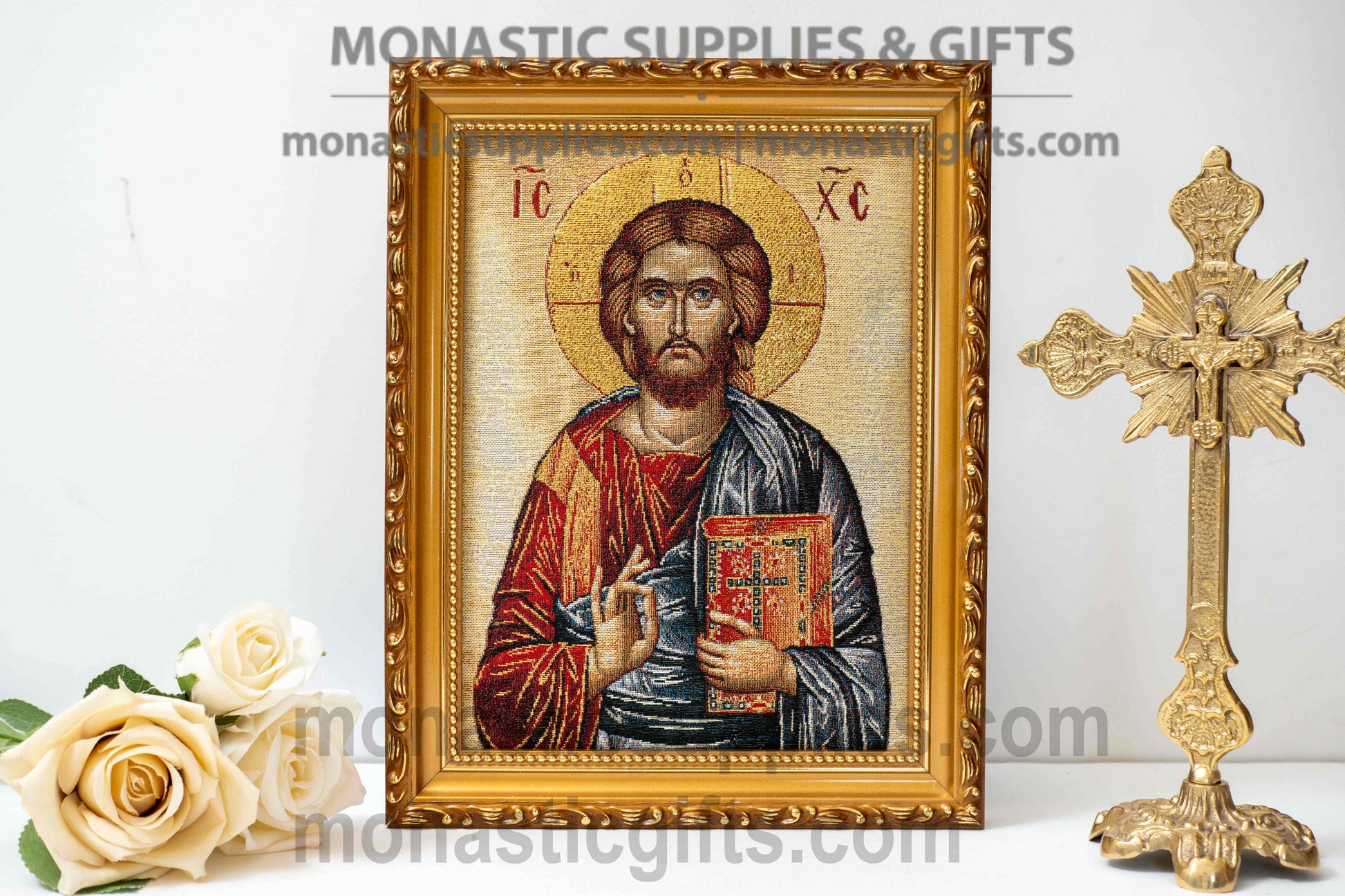 Handmade embroidered framed Byzantine icon of Jesus Christ Pantocrator made in Greece for home iconostasis