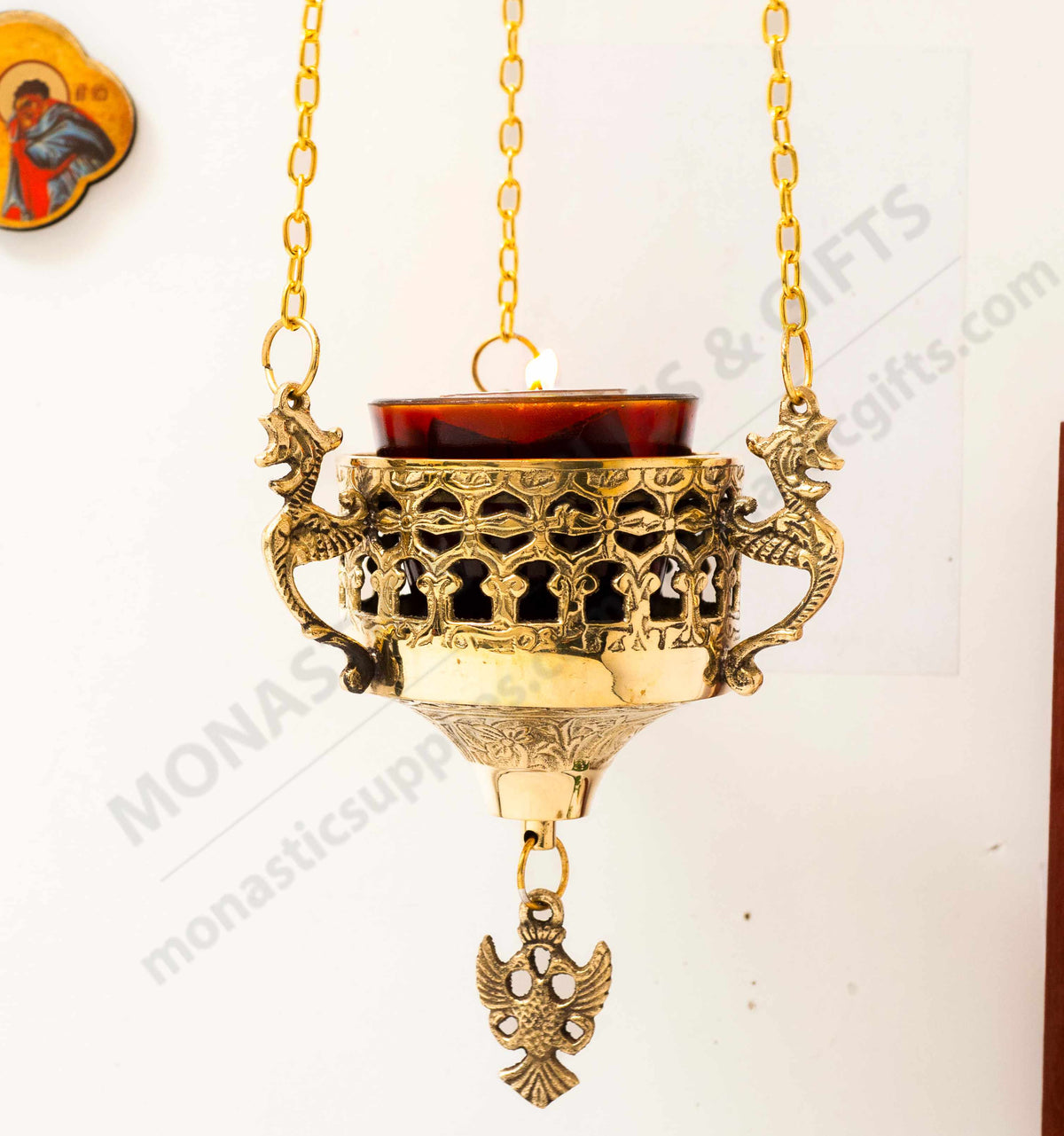 Hanging brass vigil lamp with cross lid Virgin Mary medallions and red heat resistant glass cup