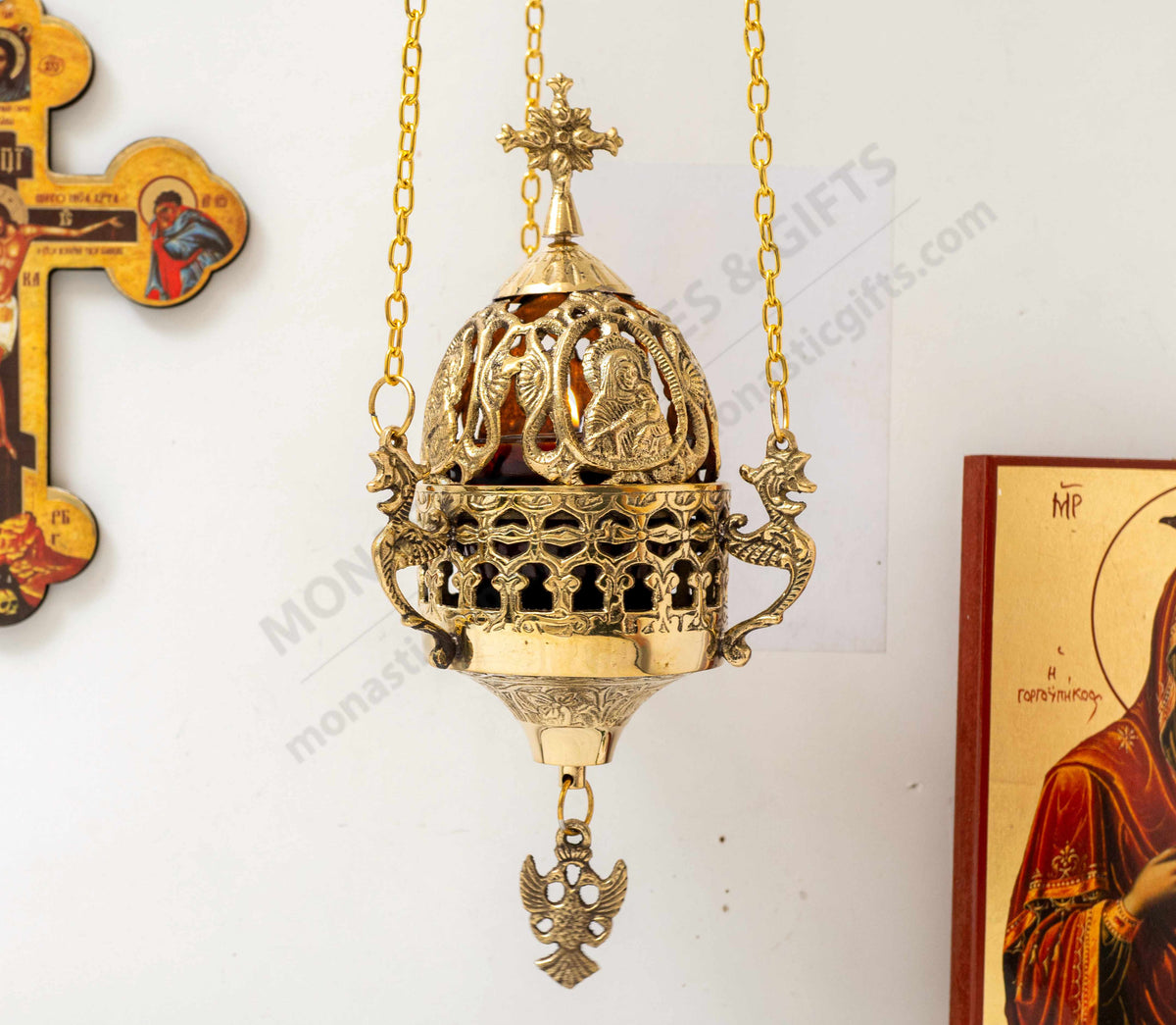 Hanging brass vigil lamp with cross lid Virgin Mary medallions and red heat resistant glass cup