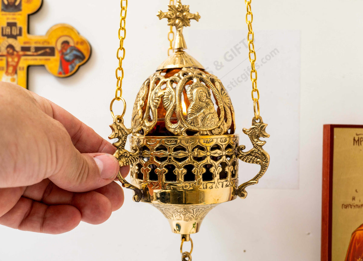 Hanging brass vigil lamp with cross lid Virgin Mary medallions and red heat resistant glass cup
