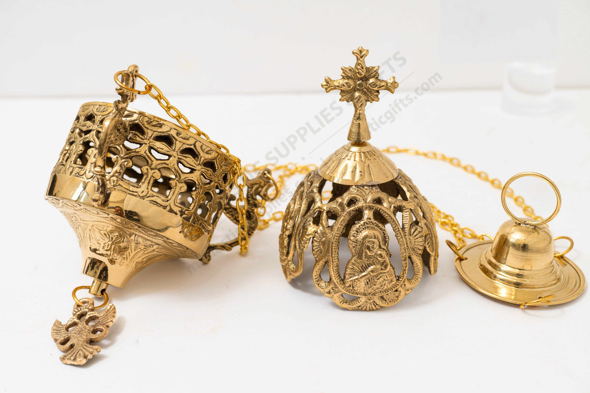 Hanging brass vigil lamp with cross lid Virgin Mary medallions and red heat resistant glass cup