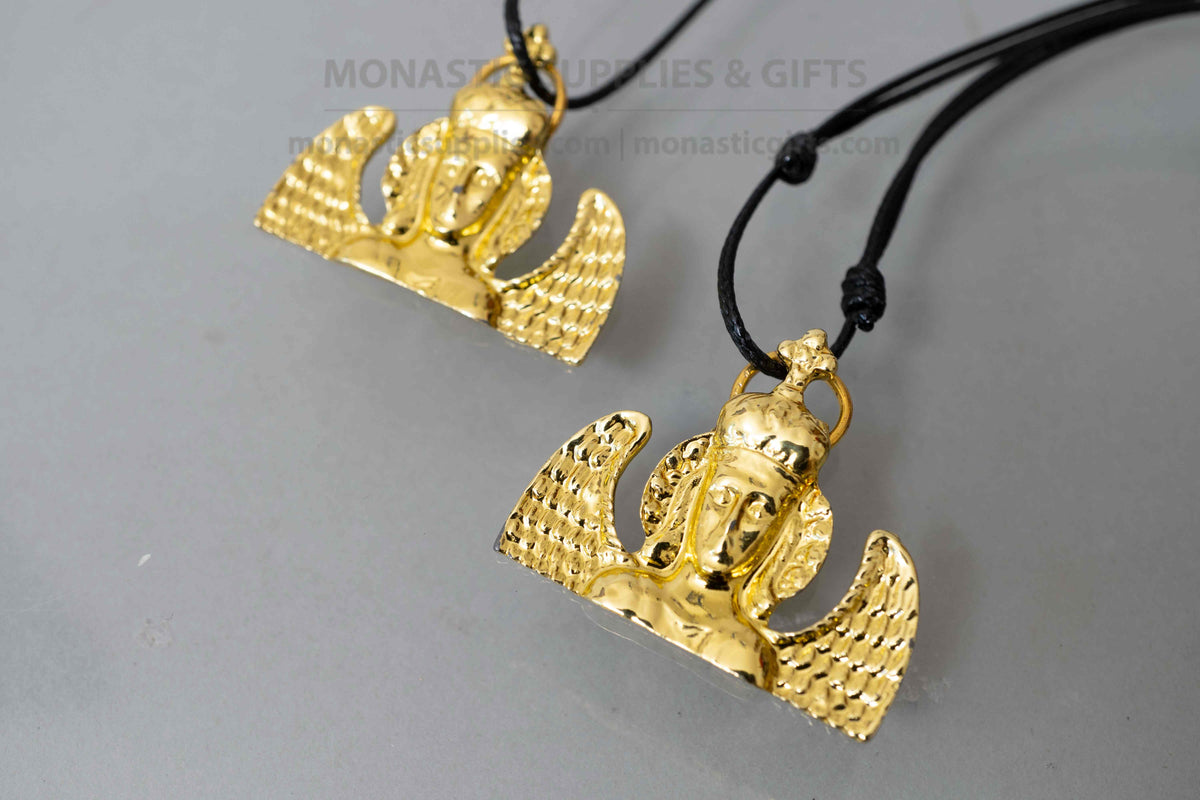Archangel Michael Panormitis pendant necklace gold tone metal on adjustable cord with kraft gift box handmade in Greece