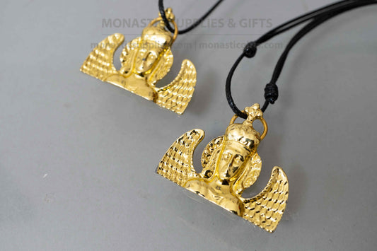 Archangel Michael Panormitis pendant necklace gold tone metal on adjustable cord with kraft gift box handmade in Greece