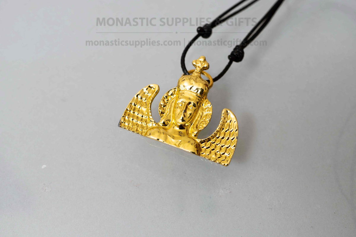 Archangel Michael Panormitis pendant necklace gold tone metal on adjustable cord with kraft gift box handmade in Greece
