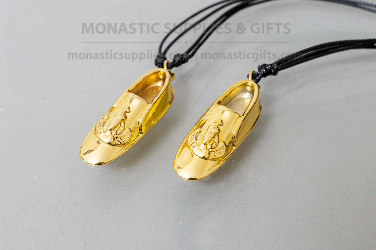 Archangel Michael Panormitis slipper pendant necklace gold tone metal on adjustable black cord with kraft gift box handmade in Greece[cite: 13, 14]