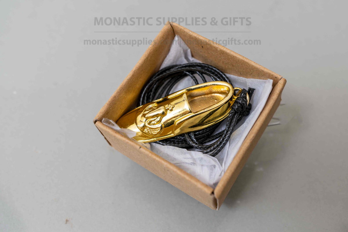 Archangel Michael Panormitis slipper pendant necklace gold tone metal on adjustable black cord with kraft gift box handmade in Greece[cite: 13, 14]