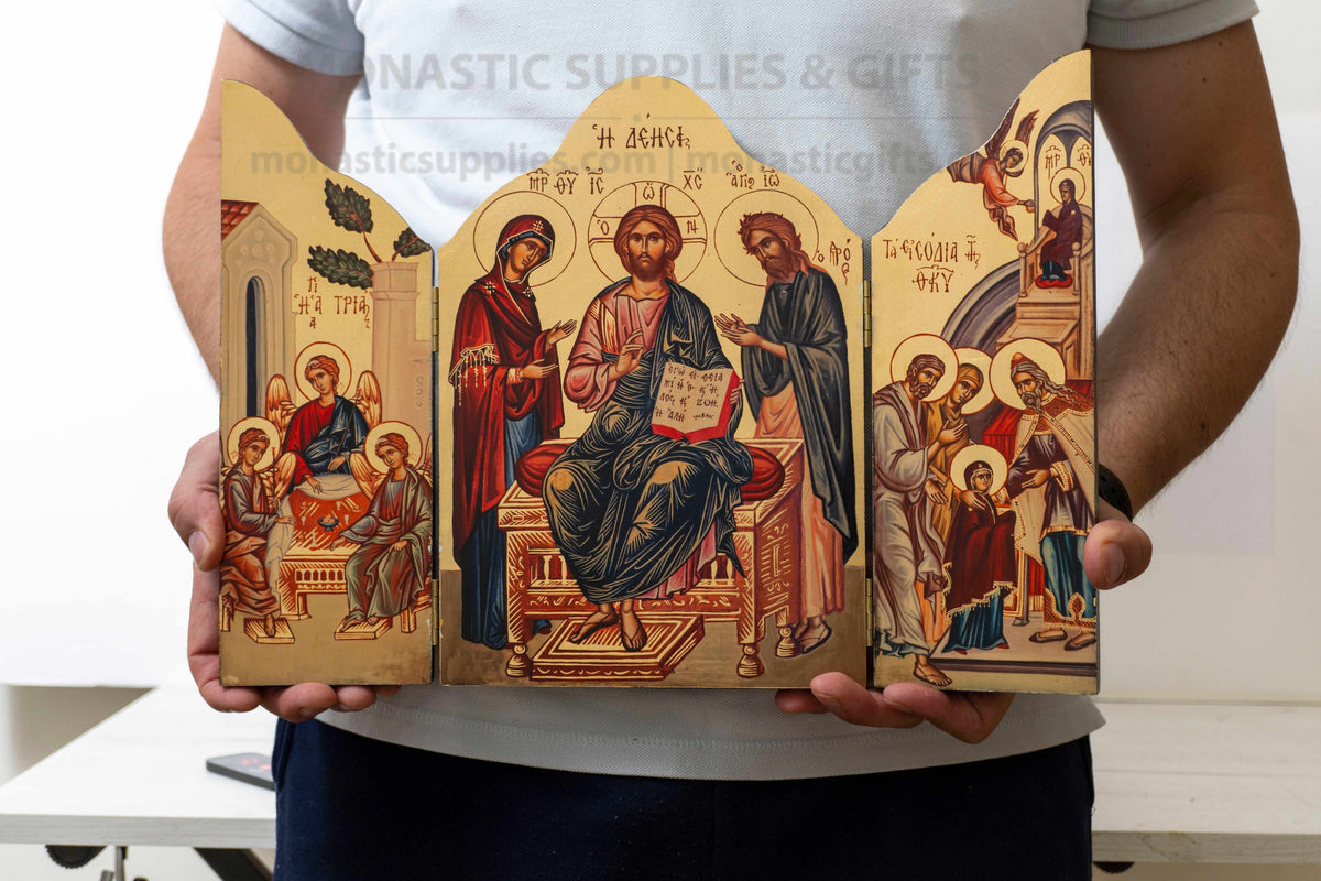 Large wooden Deesis triptych icon with gold background and exterior IC XC NIKA cross made in Greece