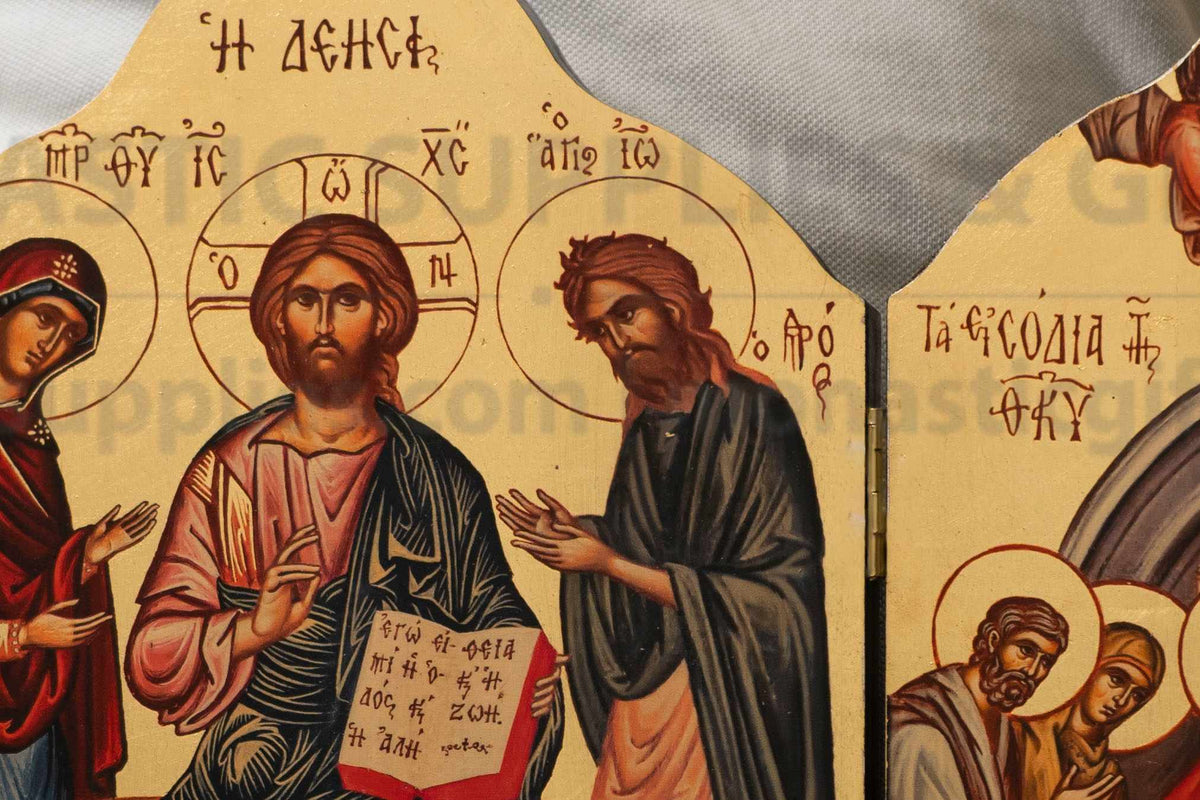 Large Deesis Wooden Triptych Icon - Orthodox Byzantine Shrine with Gold Leaf Finish