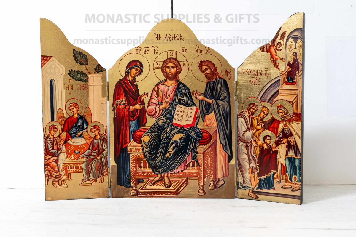 Large wooden Deesis triptych icon with gold background and exterior IC XC NIKA cross made in Greece