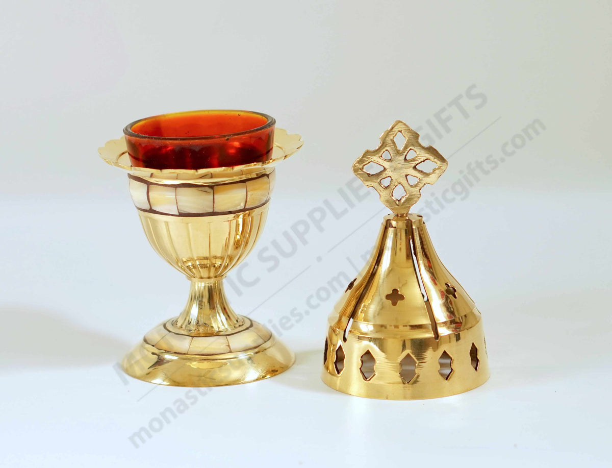 Solid brass standing vigil lamp with mother of pearl shell inlay cross lid and red heat resistant glass cup
